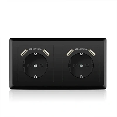 Afbeelding van Kaifire Schuko Dubbel Stopcontact met 4 USB Inbouwstopcontact Zwart Inbouw Wandcontactdoos Frame Oplader voor Smartphone, Tablet, MP3