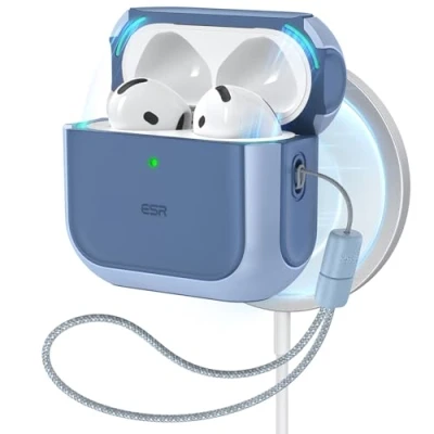 Afbeelding van ESR AirPods hoes van de 4e generatie (2024) (USB C), compatibel met MagSafe, valbescherming trekkoord, hybride hoes, Orbit serie, blauw