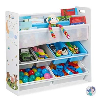 Afbeelding van Relaxdays kinderkast, 6 kisten, 4 stoffen vakken, kampvuur print, speelgoedkast HxBxD: ca. 78 x 86 26.5 cm, gekleurd