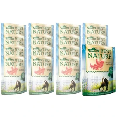 Afbeelding van Dehner Best Nature Kattenvoer, nat voer voor volwassen katten, zalm/kip/aardappel, 16 x 85 g zak (1,36 kg)