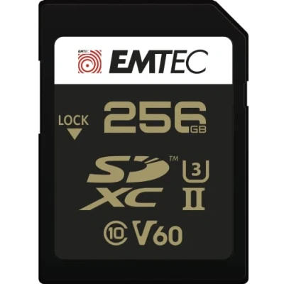 Afbeelding van Emtec ECMSD256GUHS2V60 SD kaart, UHS II U3 V60 SpeedINPRO+, opslagcapaciteit 256 GB, 2 rijen pinstekkers op de achterkant van zwart/goud