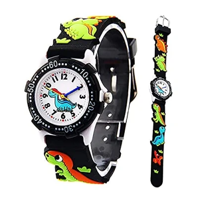 Afbeelding van Horloge voor peuter/kinderen/kids,3D Leuk Cartoon Siliconen Bandje, Horloges, Tijd, Leraar Geschenken, Horloges Kinderen, Meisjes, Peuters, Zwarte dinosaurus a