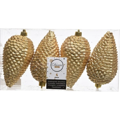 Afbeelding van Decoris Kerstballen dennenappels 4 stuks goudkleurig 12 cm