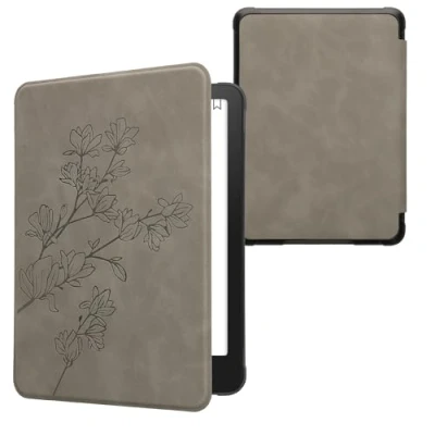 Afbeelding van kwmobile e reader hoesje geschikt voor Amazon Kindle Paperwhite (12. Gen 2024)/Kindle Colorsoft hoes Ereader flip case met standaard Kunstleren cover Magnolia design in grijs