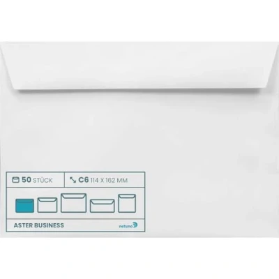 Afbeelding van Netuno enveloppen, wit, DIN c6, 114 x 162 mm, 120 g, Aster Business enveloppen zonder venster zelfklevend, zakelijke premium papier, elegante