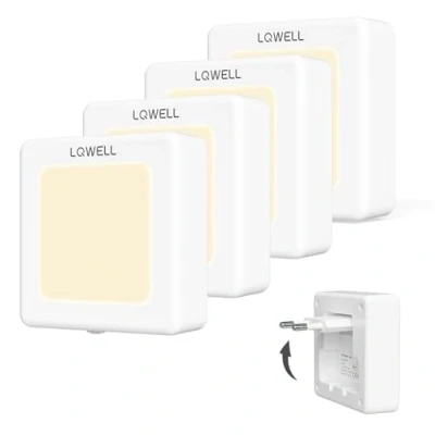 Afbeelding van LQWELL® Nachtlampfitting Opvouwbaar met Schemersensor, Nachtlamp Verstelbare Helderheid, Automatische Fittingverlichting, Oriëntatielicht Warm Wit voor Kinderkamer Gang Trappen (Wit, 4 Stuks)