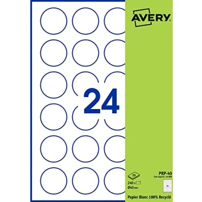 Afbeelding van Avery 240 etiketten, zelfklevend, rond, gerecycled wit papier, diameter 40 mm, personaliseerbaar en bedrukbaar, laserstraal kopieerapparaat (Prp 40.Fr)