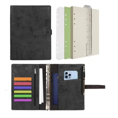 Afbeelding van Wonderpool Lederen dagboek 6 ringmappen map organizer met gestippeld papier navulbaar schrijfnotitieboek en meerdere zakken hoes voor zaken, studie reizen (A5, zwart)