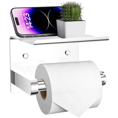 Afbeelding van ARSUK Toiletrolhouder wandmontage Zelfklevend Met Plank, Roestvrij Staal 14x9.5x10cm (Spiegel Gepolijst)