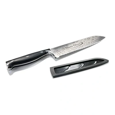 Afbeelding van Genius Nicer Dicer Knife professioneel koksmes, 20 cm, extra scherp mes van roestvrij staal met gekartelde rand en beschermhoes, universeel inzetbaar in de keuken, zwart