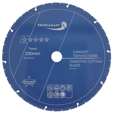 Afbeelding van PRODIAMANT Metalen multicut doorslijpschijf Titanit 230 mm x 22,2 voor haakse slijper scheidt metaal, aluminium, steen, beton, kunststof, composietmaterialen, gemengde constructies bij zeer lage