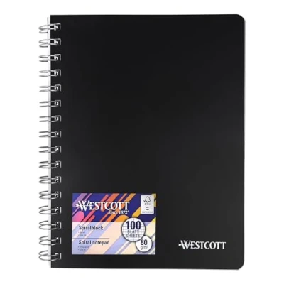 Afbeelding van Westcott E 730891 00 Notitieboek, spiraalblok, A5, geruit, 200 pagina&#039;s, ringband, geperforeerd met premium papier van 80 g/m², notitieblok spiraalbinding, collegeblok in stevige kunststof