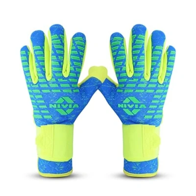 Afbeelding van Nivia Latex Ashtang Football/Soccer Goalkeeper gloves with Wrist Support for Men and Women (SkyBlue/F.Green, Size: Large) Material: Rubber Comfortable fit ‎Extra grip Football Cushioned Plam