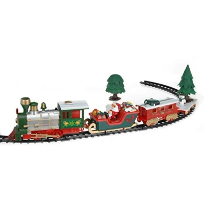 Afbeelding van decoratieve kersttrein rood 91x44 cm 22 delen speelt kerstmuziek mini trein naar Kerstmis met locomotief, 3 wagons en 15 rails boom