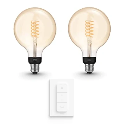 Afbeelding van Philips Hue White E27 Uitbreidingspakket 2 Lampen en Dimmer Switch Warm Licht Filament Globe Groot Werkt met Alexa Google Home