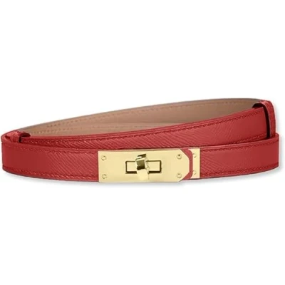 Afbeelding van Baizhong Vrouwen Skinny Lederen Riem Klassieke Effen Kleur Met Legering Turn Lock, Verstelbaar, Slanke Dunne Taille, (Rood/Goud), Eén Maat