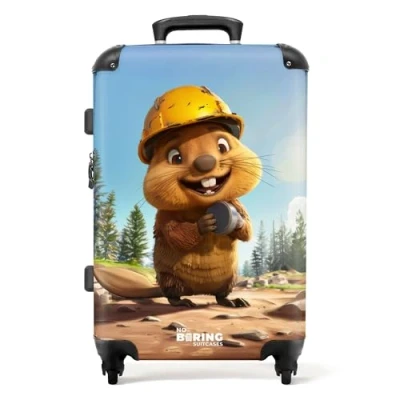 Afbeelding van NoBoringSuitcases.com® Koffer groot Rolkoffer lichtgewicht Bever met gele bouwhelm Reiskoffer 4 wielen Grote trolley XL 20 kg bagage