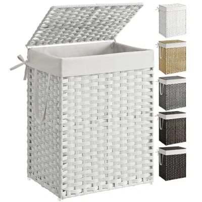 Afbeelding van SONGMICS Handgeweven wasmand, 90 liter, synthetische rotan, wasmand met deksel en handgrepen, opvouwbaar, verwijderbare voeringtas, wit ULCB51WT