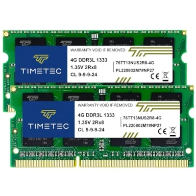 Afbeelding van Timetec 8GB KIT (2x4GB) DDR3 1333MHz PC3 10600 Non ECC Unbuffered 1.5V CL9 2Rx8 Dubbele rang 204 Pin SODIMM Laptop Notebook PC Computer Geheugen RAM Module Upgrade (8GB (2x4GB))