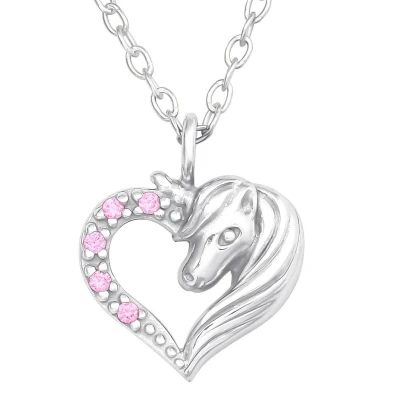 Afbeelding van JoyS Zilveren hartje hanger eenhoorn paard roze zirkonia inclusief ketting 39 cm (extra oogje bij 36 cm)