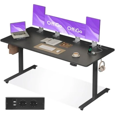 Afbeelding van OffiGo in Hoogte Verstelbaar Bureau, 180cm Elektrisch Bureau met USB, 2 Geheugenfuncties, voor Kantoor, Thuis, Gaming, Zwart