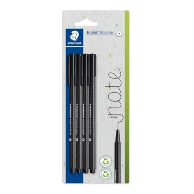 Afbeelding van STAEDTLER triplus fineliner 334, driekant, superfijne, metalen punt, ca. 0,3 mm, van 97% recyclaat, Made in Germany, set 4 stuks op blisterkaart, kleur zwart, 334 9 BK4