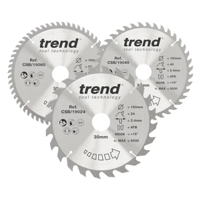 Afbeelding van Trend CraftPro set van drie TCT cirkelzaagbladen, 190 mm x 24, 40 en 60 tanden 30 asgat, wolfraamcarbide getipt CSB/190/3PK, 3