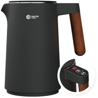 Afbeelding van BALTER Roestvrijstalen waterkoker met temperatuurinstelling, 45 C 100 C, dubbelwand, BPA vrij, stil en draadloos, warmhoudfunctie, theekoker temperatuurweergave, 1,5 l, 2200 W, zwart