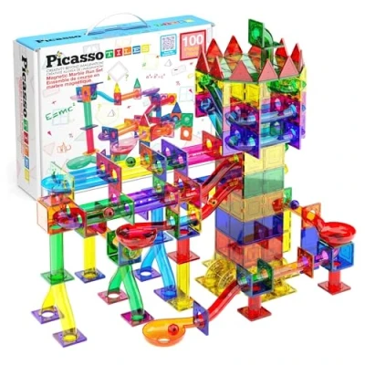 Afbeelding van PicassoTiles Marble Run 100 Piece Magnetic Tile Race Track Toy Play Set STEM Building &amp; Learning Educational Magnet Construction Child Brain Development Kit Boys Girls Age 3 4 5 6 7 8+ Years Old Toys