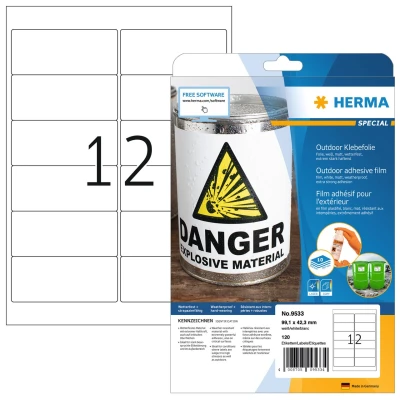 Afbeelding van Herma 9533 folie etiketten 99.1 x 42.3 mm Polyethyleen Wit 120 stuk(s) Permanent hechtend Laser (kleur), (zwart/wit), Kopiëren