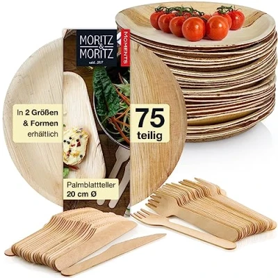Afbeelding van Moritz &amp; 75 delig palmblad servies rond 20 cm Ø incl. bestek wegwerp 25 duurzame wegwerpborden alternatief voor bamboe en bamboeborden