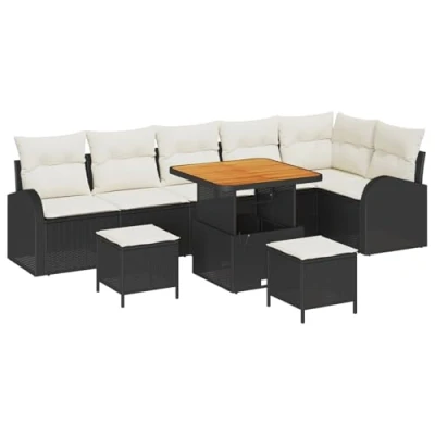 Afbeelding van vidaXL 9 delige Tuin Sofa Set met Kussens Zwart Poly Rattan Acacia