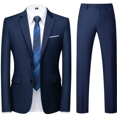 Afbeelding van Slim Fit Mannen Pak Bruiloft Smoking 2 Stuk Zwart en Blauw 2XL