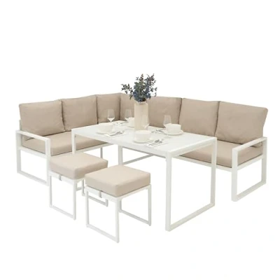 Afbeelding van Tuin Aluminium Meubels, Wit, 7 Zits Buiten Terras Lounge Set Sectionele Hoek L Vormige Bank, Eettafel met Glazen Bovenblad, 2 Krukken Kussens Wasbare Hoezen Waterdichte Regenhoes Rotan Vervanger
