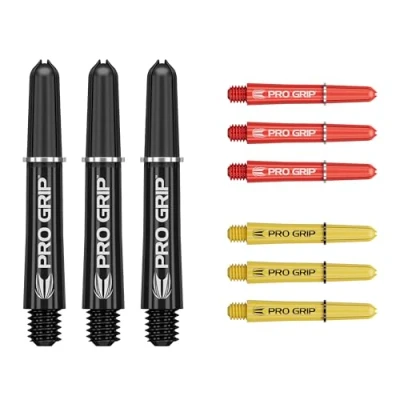 Afbeelding van Target Darts Pro Grip Shafts Set van 9 3 Kleuren, Zwart/Geel/Rood Kort, 34mm Dart Stems, Professionele Accessoires, 2BA Schacht Multipack met Ringen