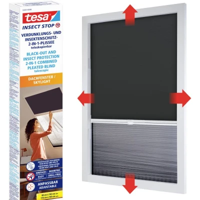 Afbeelding van tesa Insect Stop 2 in 1 plisségordijn verduisteringsrolgordijn en insectenhor voor dakvensters eenvoudig te verstellen, installatie zonder boren of zagen max. 1,16 m x 1,64 profielen wit antraciet