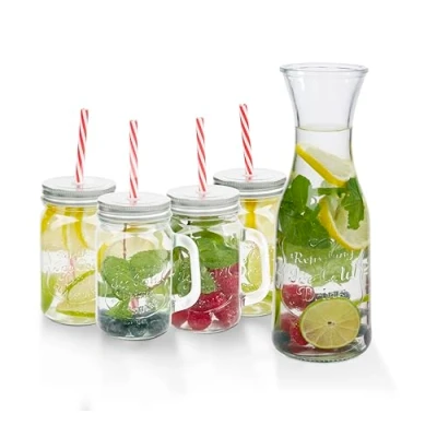 Afbeelding van alpina Drinkglazen en Waterkan Karaf (1L) met 4 Mason Jars (420 ml) Waterglazen Deksel Rietjes Drink Glazen voor Koude Dranken Set Thuis Feestjes