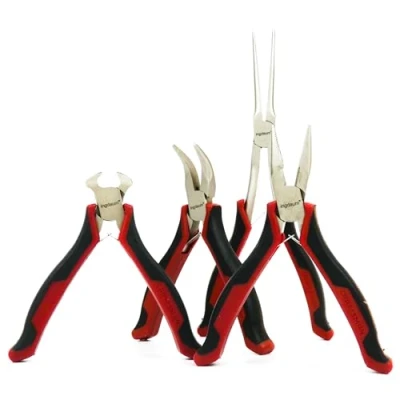 Afbeelding van INGDAUM® Mini tangen eindsnijder, knijptang, punttang, gebogen en recht, zijsnijder, lange platte ronde tang (4 vernikkelde tangen: 3 punttangen schuin lang)