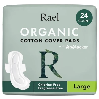 Afbeelding van Rael Maandverband met vleugels, biologisch katoenen afdekpads, geurloos, lekbescherming, dunne en super absorberende pads vleugels voor vrouwen (groot, 24 stuks)
