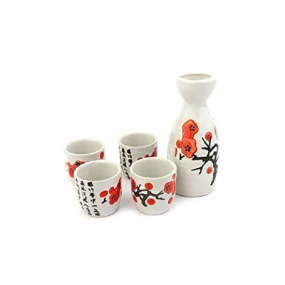 Afbeelding van lachineuse Kersenbloesem Sake Set Met 4 Kommen &amp; Karaf Japanse Glazen Cadeau Chinees Aziatisch Servies Traditioneel Porselein Bloemen Service Wit Rood