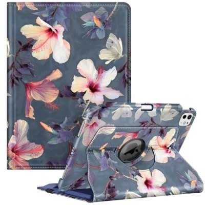 Afbeelding van FINTIE 360 graden draaibare hoes voor iPad Pro 11 inch (2024) M4 met potloodhouder verstelbare standaard en automatische slaap/waakfunctie, bloeiende hibiscus