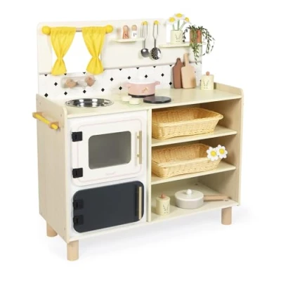 Afbeelding van Janod Shiny Grandma Grote Houten Keuken Uitgeruste Keuken, Met 16 Accessoires Perfect Voor Kleine Chef Koks Tijdloos Design, Geïnspireerd Op Oma&#039;s Geschikt Vanaf 3 Jaar