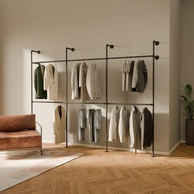 Afbeelding van pamo kledingstang Industrial Loft Design KIM I Double Kleerkast voor inloopkastwand slaapkamerkledingrek gemaakt van stevige, zwarte buizen met wandbevestiging