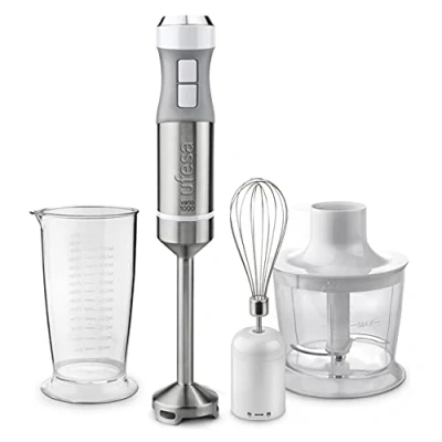 Afbeelding van Ufesa BP582 Vario 1000Max, Staafmixer, Handblender, 1000W vermogen, 20 Snelheden+Turbo functie, 2 Roestvrij stalen messen en Mengvoet, Ergonomisch spatbescherming ontwerp, Accessoires, BPA vrij