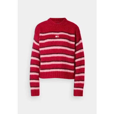 Afbeelding van Tommy Jeans Badge Stripe Fluffy Sweater Trui, Dames, Maat: XS, Ruby rhubarb
