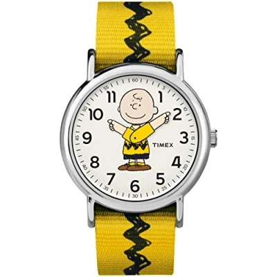 Afbeelding van Timex Dames Casual x pinda&#039;s Charlie Brown TW2R41100JT witte wijzerplaat en geel nylon band horloge, Bruin, One Size,
