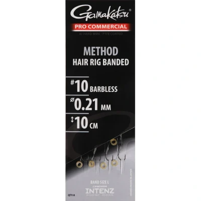 Afbeelding van Gamakatsu Pro Commercial Coars Method Hair Rig Banded (Large) 10cm Barbless (8 pcs) haak 10 0.21mm