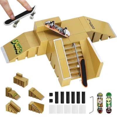 Afbeelding van ideallife vingerboard hellingset, mini skate Park Kit voor kinderen, 2 complete boards en helling trucks, kinderspeelgoed jongens meisjes