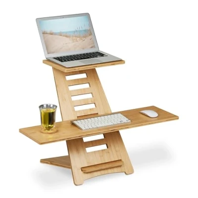 Afbeelding van Relaxdays bureau verhoger, bamboe, met 2 planken, in de hoogte verstelbaar, zit sta verhoger laptop, werkplek, naturel