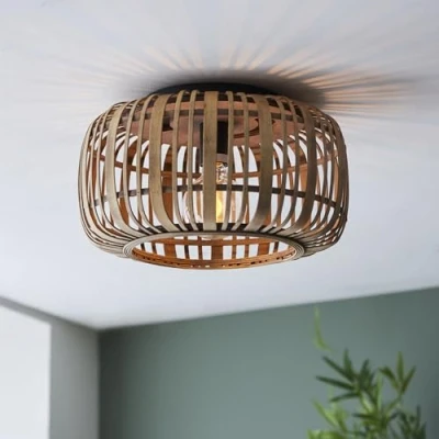 Afbeelding van Lightbox Bambus Deckenlampe 22 cm Höhe, Ø 32 dimmbare Boho Deckenleuchte mit Schirm &amp; besonderem Lichteffekt E27 Fassung für das Wohnzimmer aus Metall/Bambus in Hellbraun
